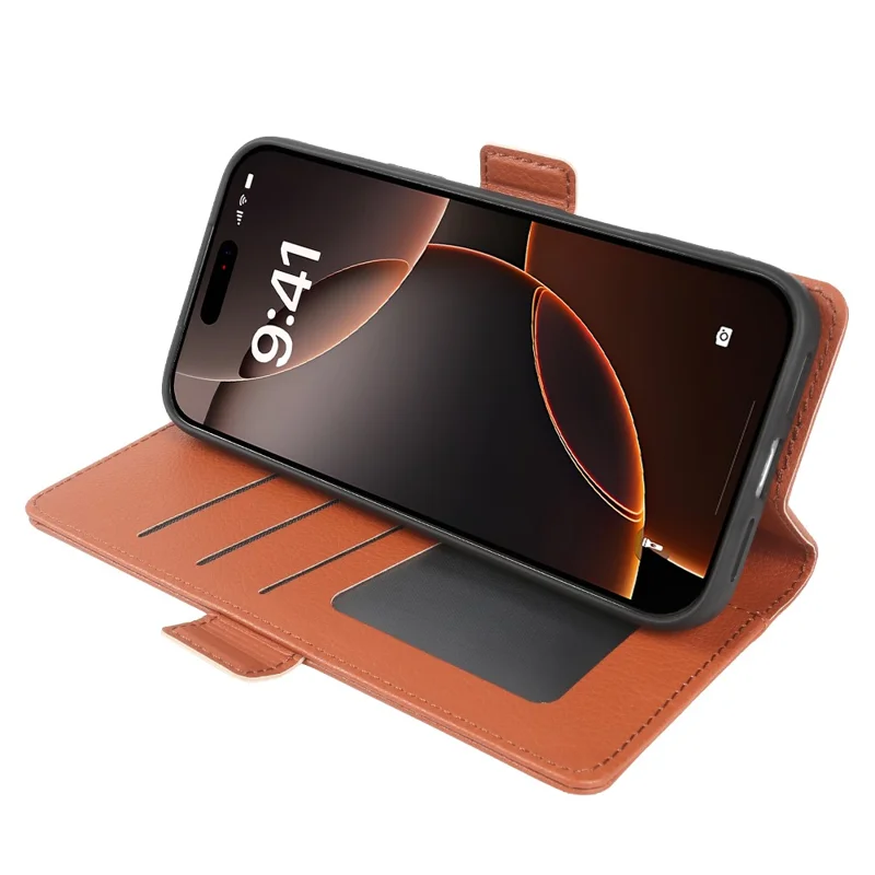 Für iPhone 16 Pro Max Brieftaschenhülle mit doppeltem magnetischem Verschluss, Litschitextur-Leder, Klappständer, Handytasche - Braun
