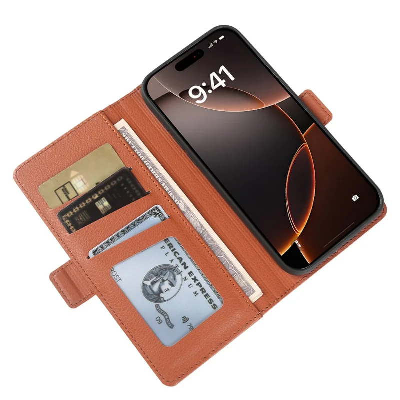 Für iPhone 16 Pro Max Brieftaschenhülle mit doppeltem magnetischem Verschluss, Litschitextur-Leder, Klappständer, Handytasche - Braun