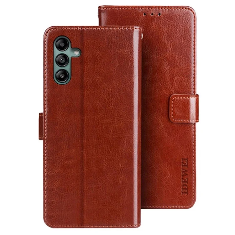 IDEWEI For Samsung Galaxy A04s 4G (164.7 x 76.7 x 9.1 mm) Phone Protective Case Crazy Horse Texture Anti-scratch PU Leather Flip Stand Wallet Cover - Brown