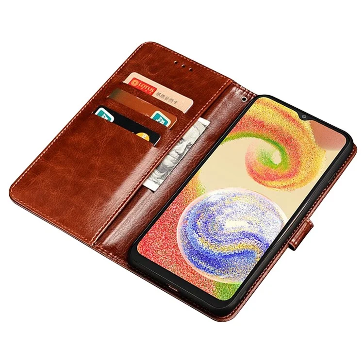 IDEWEI For Samsung Galaxy A04s 4G (164.7 x 76.7 x 9.1 mm) Phone Protective Case Crazy Horse Texture Anti-scratch PU Leather Flip Stand Wallet Cover - Brown