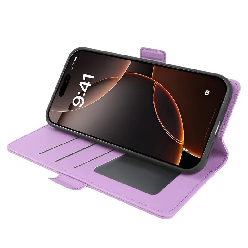 Cover portafoglio per iPhone 16 Pro con doppio gancio magnetico, custodia pieghevole in pelle con texture effetto litchi - Viola