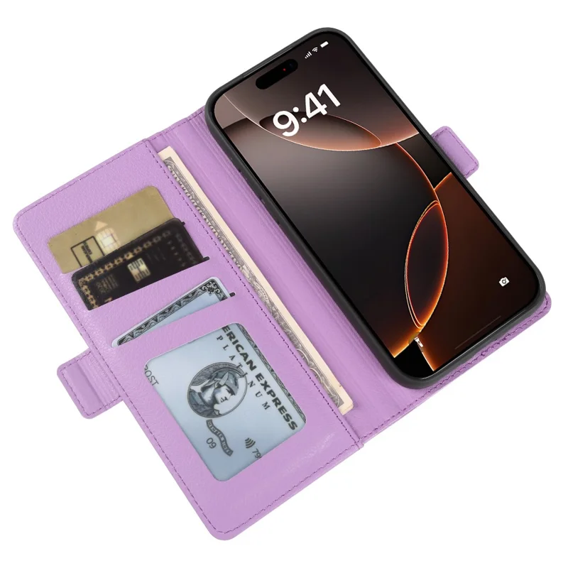 Cover portafoglio per iPhone 16 Pro con doppio gancio magnetico, custodia pieghevole in pelle con texture effetto litchi - Viola
