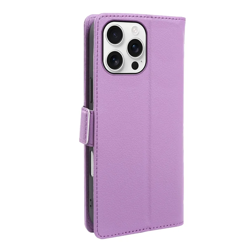 Cover portafoglio per iPhone 16 Pro con doppio gancio magnetico, custodia pieghevole in pelle con texture effetto litchi - Viola