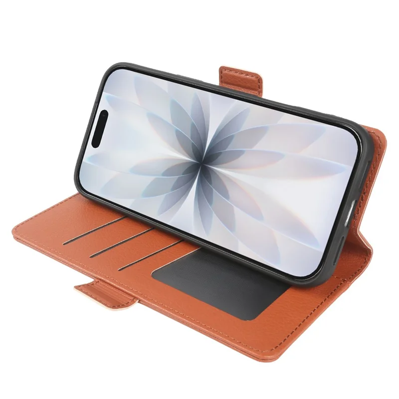 For iPhone 17 Wallet Case with Dual Magnetic Clasp Litchi Textured Leather Flip Stand Phone Cover - Brown