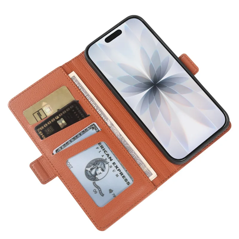 For iPhone 17 Wallet Case with Dual Magnetic Clasp Litchi Textured Leather Flip Stand Phone Cover - Brown