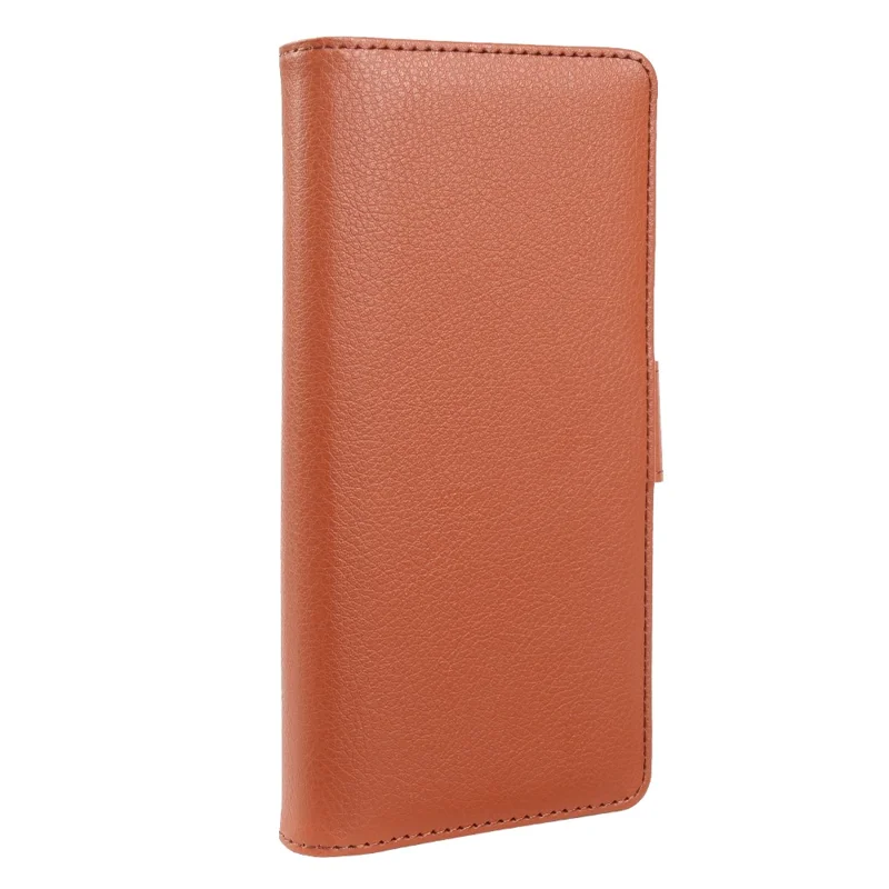 For iPhone 17 Wallet Case with Dual Magnetic Clasp Litchi Textured Leather Flip Stand Phone Cover - Brown