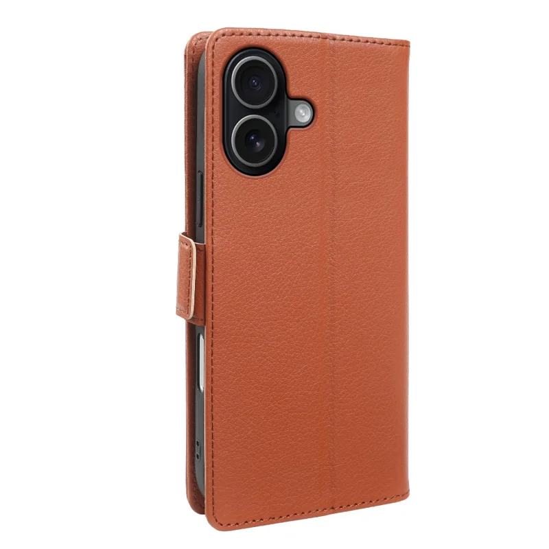 For iPhone 17 Wallet Case with Dual Magnetic Clasp Litchi Textured Leather Flip Stand Phone Cover - Brown
