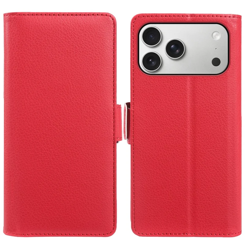Étui portefeuille pour iPhone 17 Pro avec double fermoir magnétique, housse rabattable en cuir texturé type lychee - Rouge
