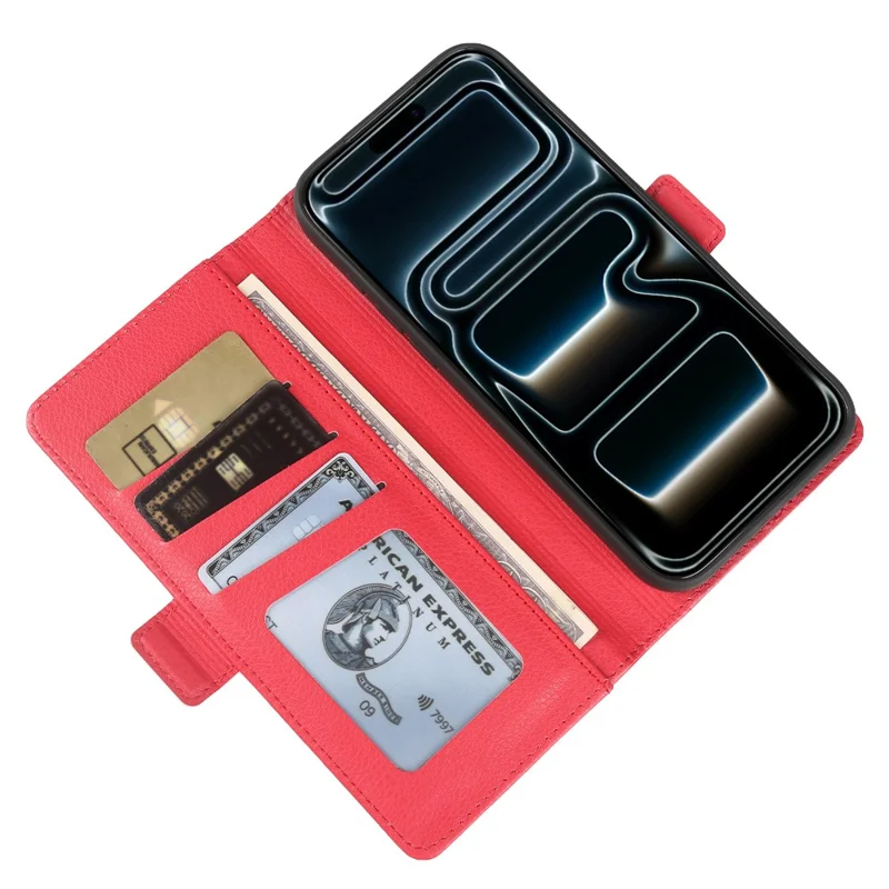 Étui portefeuille pour iPhone 17 Pro avec double fermoir magnétique, housse rabattable en cuir texturé type lychee - Rouge
