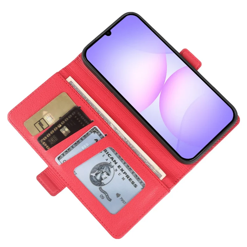 For Samsung Galaxy A07 4G Wallet Case with Dual Magnetic Clasp Litchi Textured Leather Flip Stand Phone Cover - Red