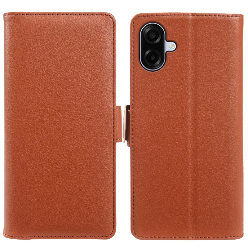 Für Samsung Galaxy A07 4G Brieftaschenhülle mit doppelter magnetischer Schnalle, Litschi-Strukturleder, Klappständer, Handytasche - Braun