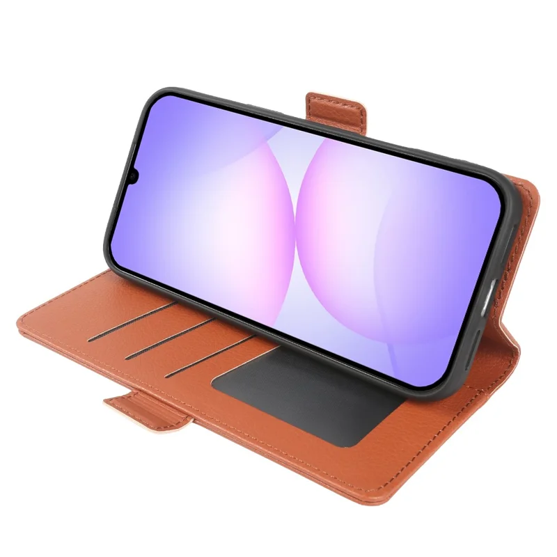 Für Samsung Galaxy A07 4G Brieftaschenhülle mit doppelter magnetischer Schnalle, Litschi-Strukturleder, Klappständer, Handytasche - Braun