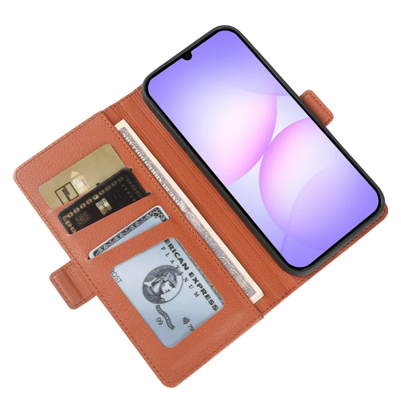 Für Samsung Galaxy A07 4G Brieftaschenhülle mit doppelter magnetischer Schnalle, Litschi-Strukturleder, Klappständer, Handytasche - Braun
