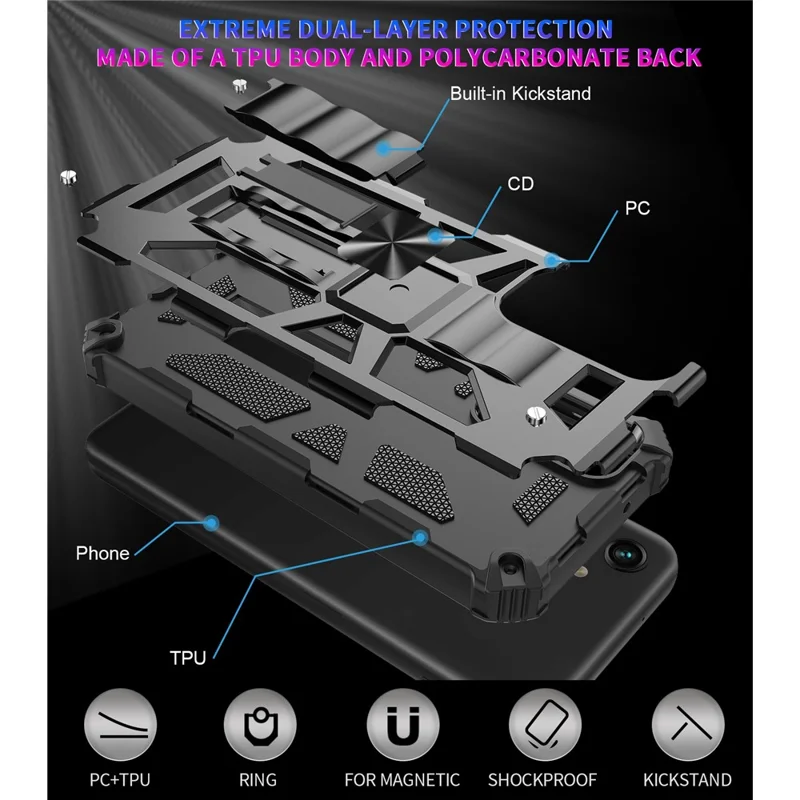 Cover per Samsung Galaxy A14 5G / 4G, Custodia Antiurto con Supporto, Morbido TPU + PC Rigido - Nero