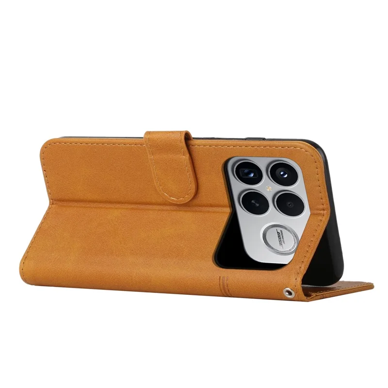 Bulk Purchasing For Xiaomi Poco F8 Ultra  /  Redmi K90 Pro Max 5G Leather Case Calf Texture Foldable Stand Wallet Flip Phone Cover with Strap - Yellow