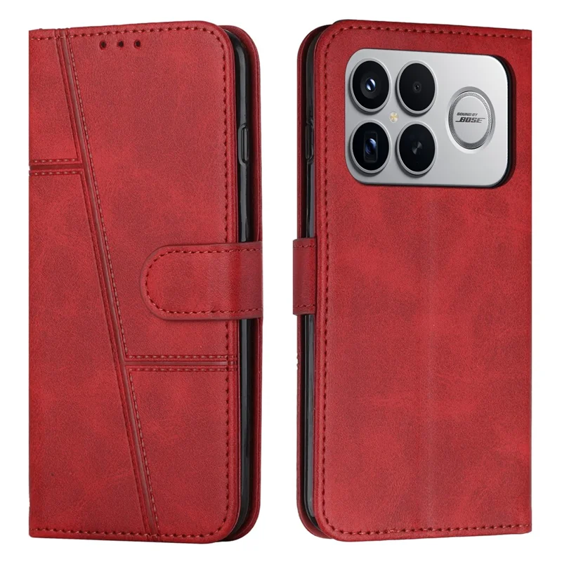 Bulk Purchasing For Xiaomi Poco F8 Ultra  /  Redmi K90 Pro Max 5G Leather Case Calf Texture Foldable Stand Wallet Flip Phone Cover with Strap - Red
