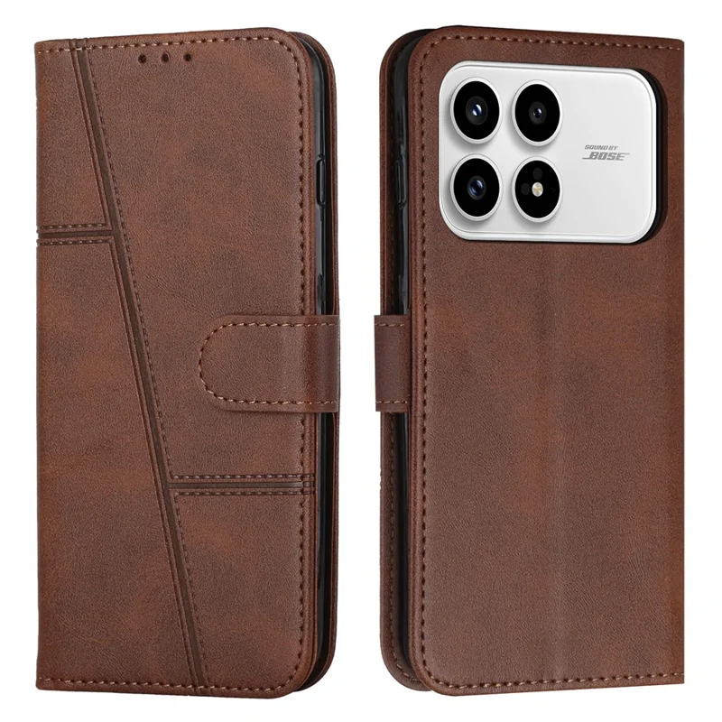 Bulk Purchasing For Xiaomi Poco F8 Pro  /  Redmi K90 5G Leather Case Calf Texture Foldable Stand Wallet Flip Phone Cover with Strap - Brown