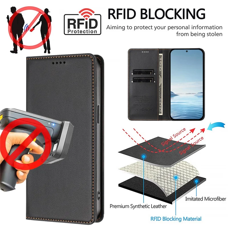 Bulk Purchasing For iPhone 16 Pro Leather Case Magnetic Closure RFID Blocking Wallet Phone Cover - Black