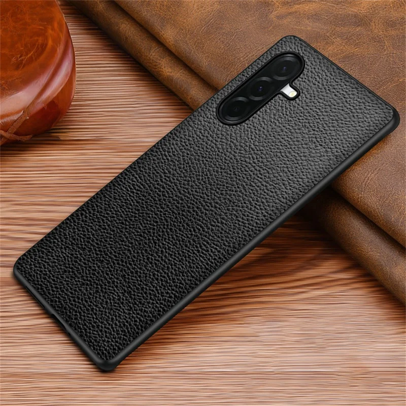 For Samsung Galaxy S25 Case Litchi Texture PU Leather Coated PC + TPU Protective Phone Back Cover - Black