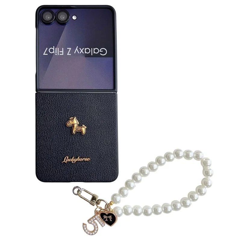 For Samsung Galaxy Z Flip7 5G Case Lucky Horse Decor Leather + PC Phone Cover with Pearl Chain Strap - Litchi