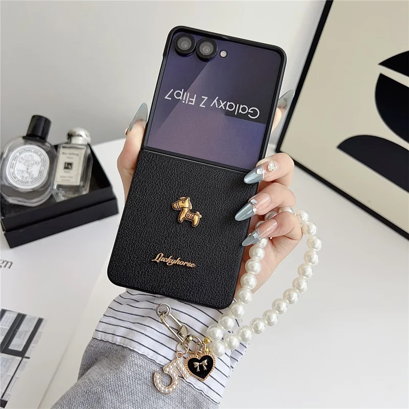For Samsung Galaxy Z Flip7 5G Case Lucky Horse Decor Leather + PC Phone Cover with Pearl Chain Strap - Litchi