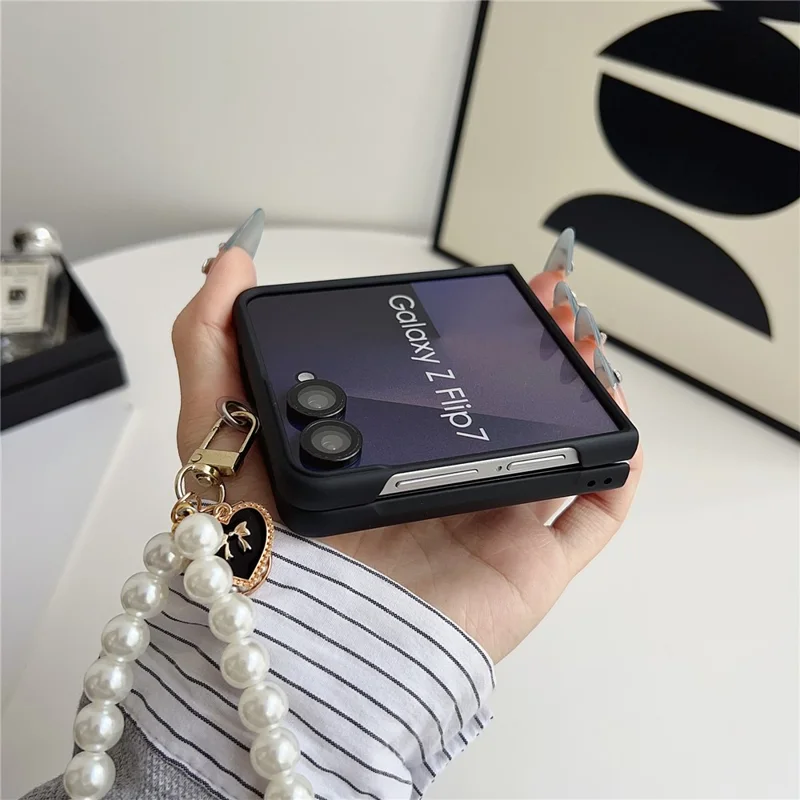 For Samsung Galaxy Z Flip7 5G Case Lucky Horse Decor Leather + PC Phone Cover with Pearl Chain Strap - Litchi