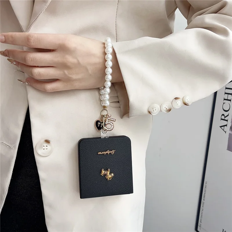 For Samsung Galaxy Z Flip7 5G Case Lucky Horse Decor Leather + PC Phone Cover with Pearl Chain Strap - Litchi