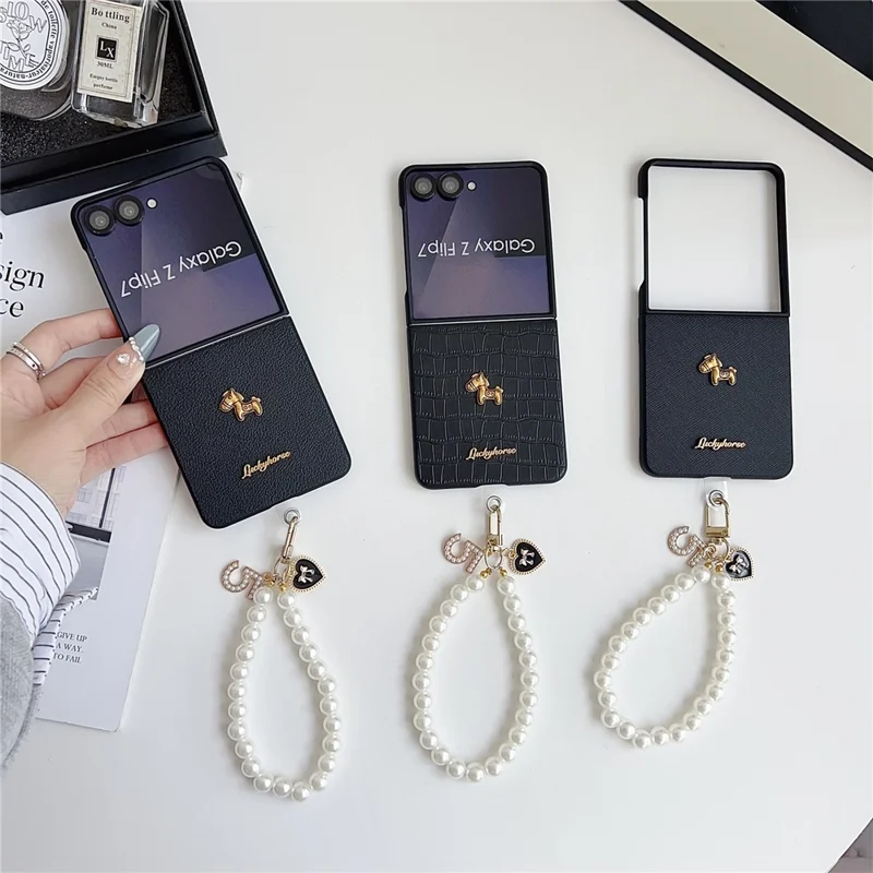For Samsung Galaxy Z Flip7 5G Case Lucky Horse Decor Leather + PC Phone Cover with Pearl Chain Strap - Litchi