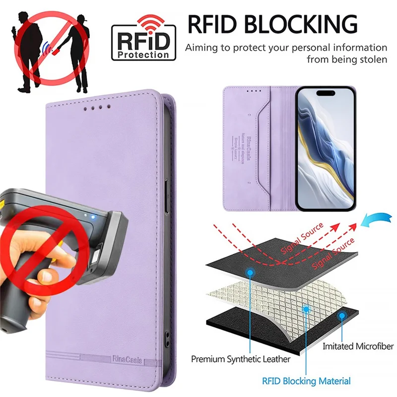 RINACASIS RC23 For Xiaomi Redmi Note 15 Pro 4G (Global) Case RFID Blocking Wallet Stand PU Leather Phone Cover - Light Purple