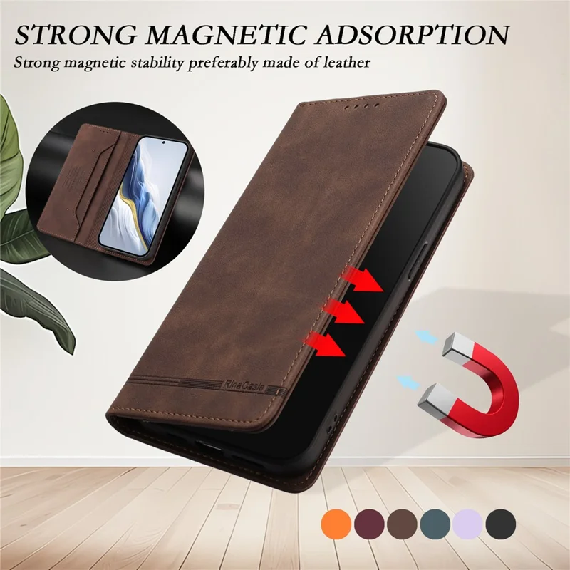 RINACASIS RC23 Phone Case For Xiaomi Poco M8 5G / Redmi Note 15 5G (Global) / 15 4G (Global) RFID Blocking Wallet Stand PU Leather Cover - Brown