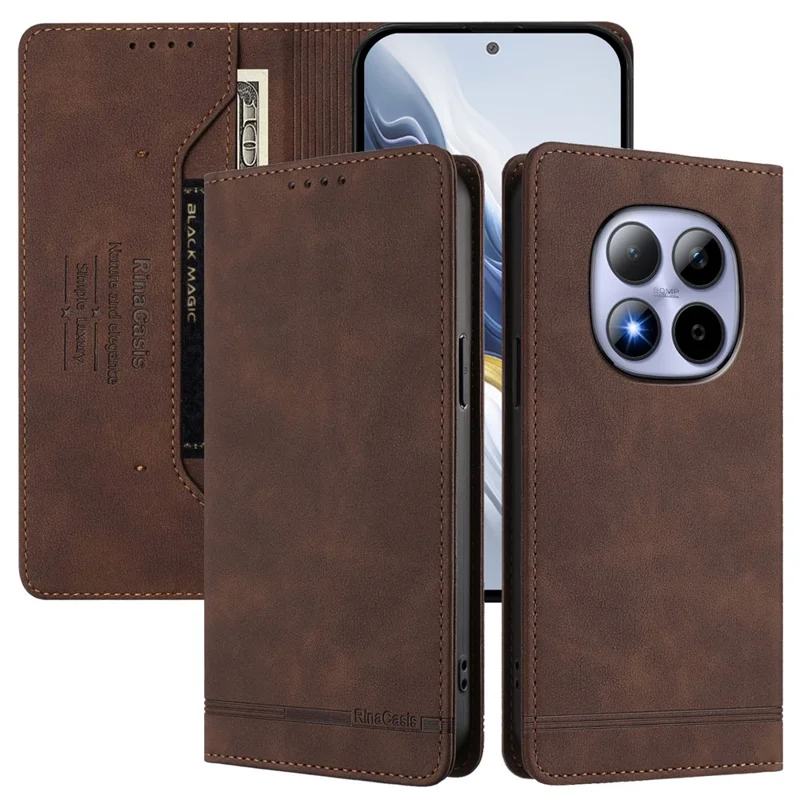 RINACASIS RC23 For Xiaomi Poco M8 Pro 5G / Redmi Note 15 Pro+ 5G (Global) Case RFID Blocking Wallet Stand PU Leather Phone Cover - Brown