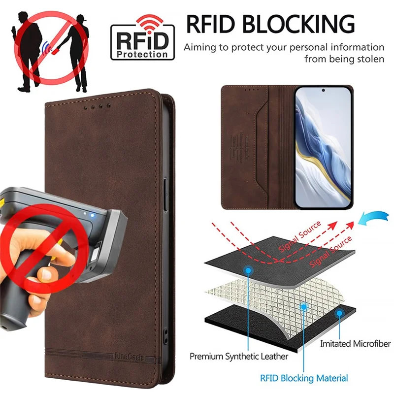 RINACASIS RC23 For Xiaomi Poco M8 Pro 5G / Redmi Note 15 Pro+ 5G (Global) Case RFID Blocking Wallet Stand PU Leather Phone Cover - Brown