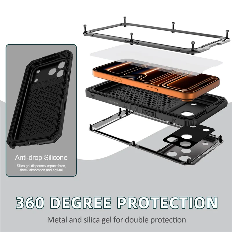 IP68 Waterproof Phone Case for iPhone 17 Pro Metal + Silicone Cover with Screen Protector - Black