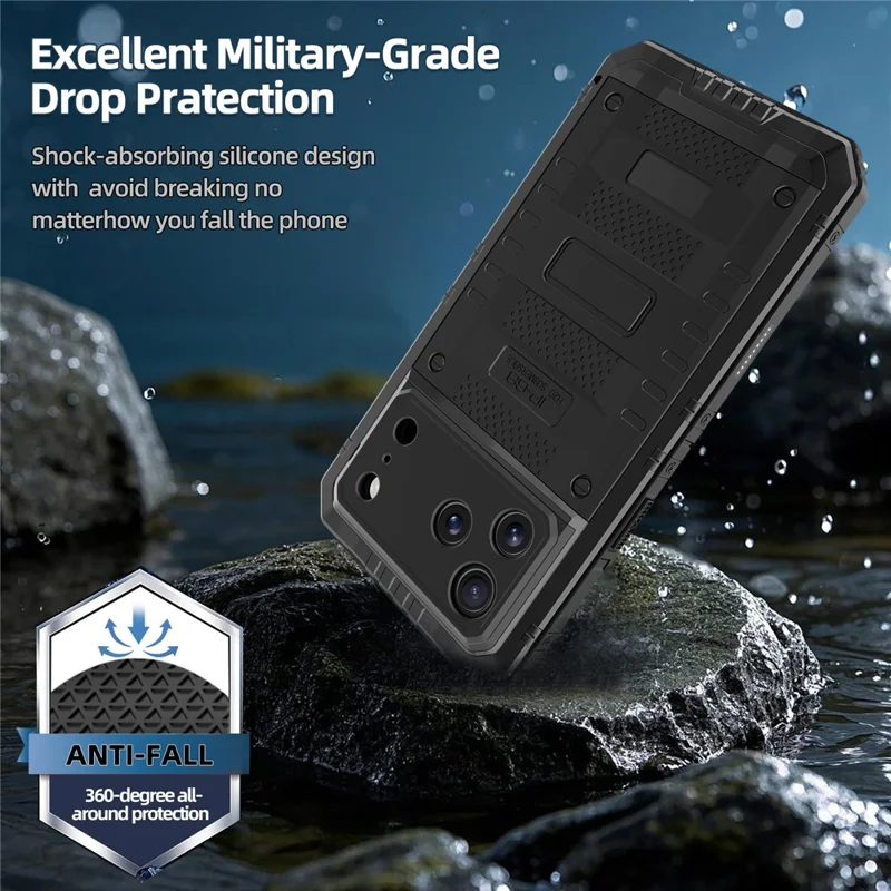 IP68 Waterproof Phone Case for iPhone 17 Pro Metal + Silicone Cover with Screen Protector - Black