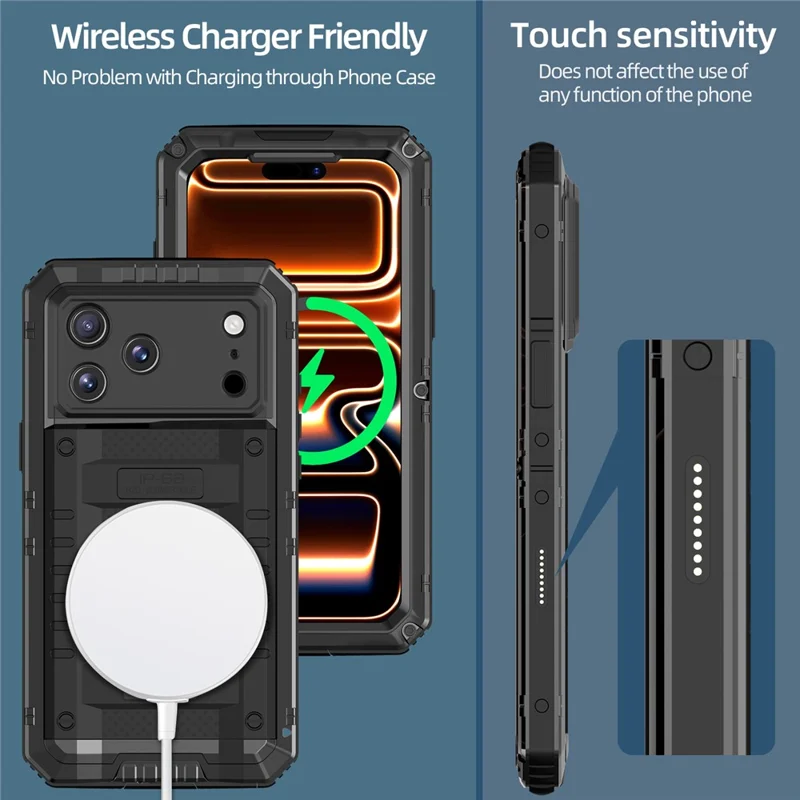 IP68 Waterproof Phone Case for iPhone 17 Pro Metal + Silicone Cover with Screen Protector - Black