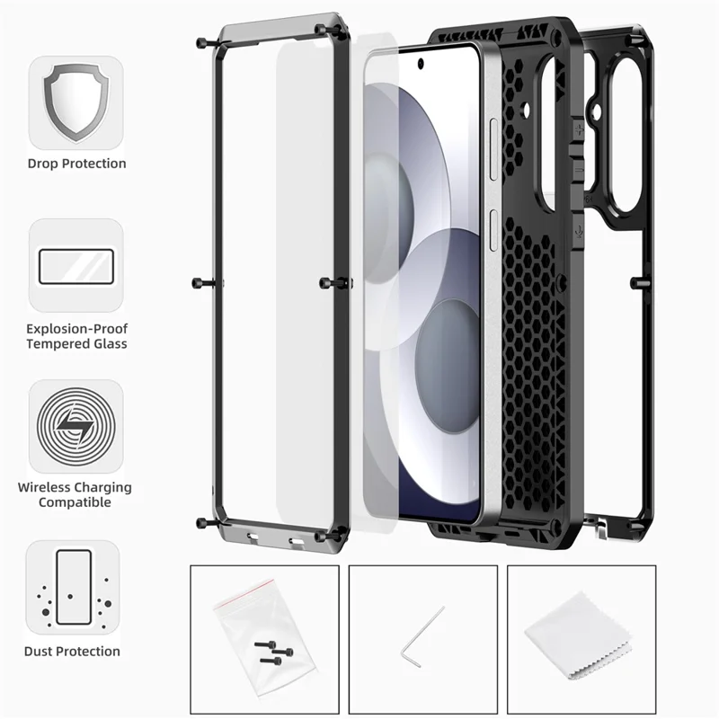 For Samsung Galaxy S26+ Case Silicone + Metal Phone Cover with Tempered Glass Screen Protector - Black