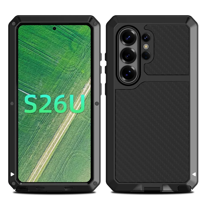 For Samsung Galaxy S26 Ultra Case Silicone + Metal Phone Cover with Tempered Glass Screen Protector - Black