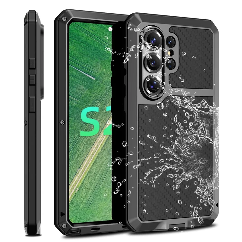 For Samsung Galaxy S26 Ultra Case Silicone + Metal Phone Cover with Tempered Glass Screen Protector - Black