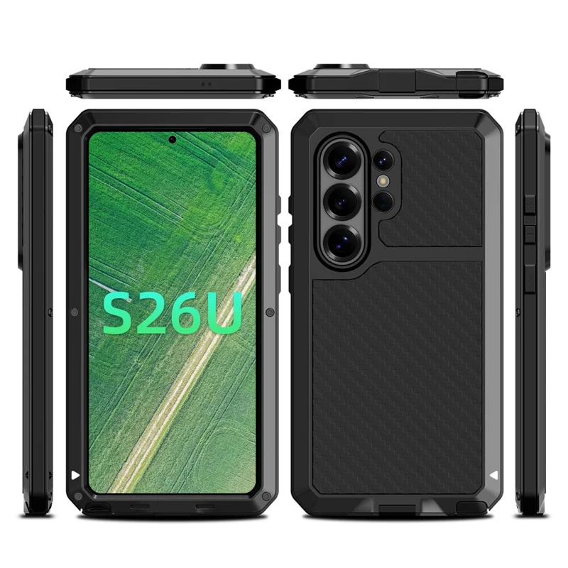 For Samsung Galaxy S26 Ultra Case Silicone + Metal Phone Cover with Tempered Glass Screen Protector - Black