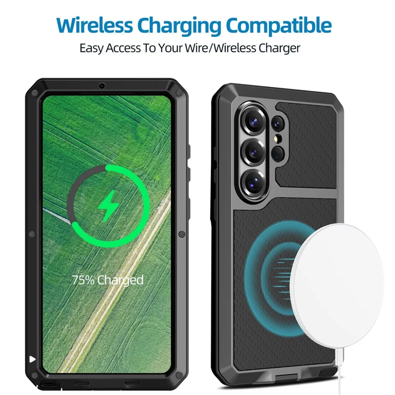 For Samsung Galaxy S26 Ultra Case Silicone + Metal Phone Cover with Tempered Glass Screen Protector - Black