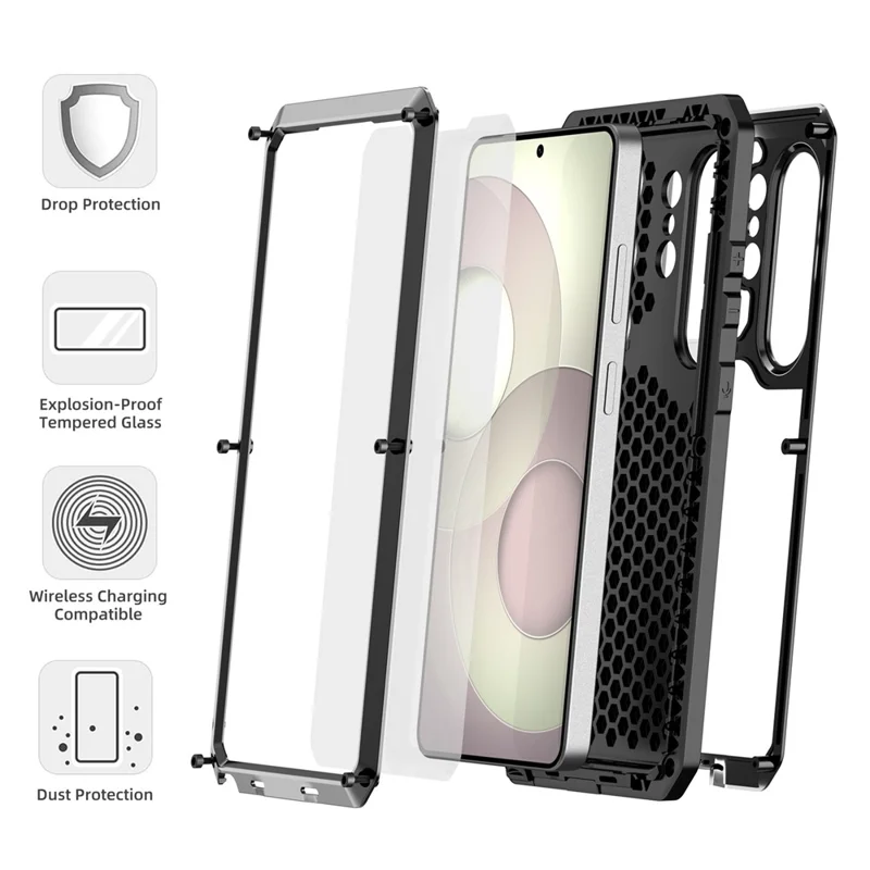 For Samsung Galaxy S26 Ultra Case Silicone + Metal Phone Cover with Tempered Glass Screen Protector - Black