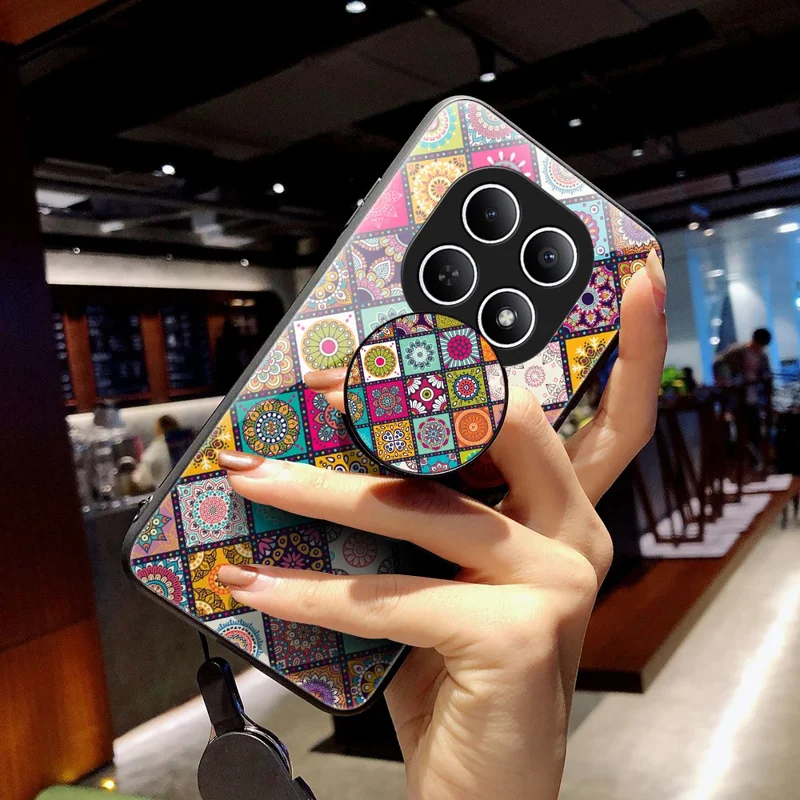 Чехол для телефона Xiaomi Poco M8 5G / Redmi Note 15 5G (Global) с подставкой, этнический узор, закаленное стекло, с ремешком — клетчатый узор