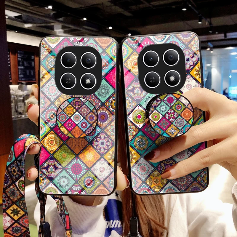 Чехол для телефона Xiaomi Poco M8 5G / Redmi Note 15 5G (Global) с подставкой, этнический узор, закаленное стекло, с ремешком — клетчатый узор