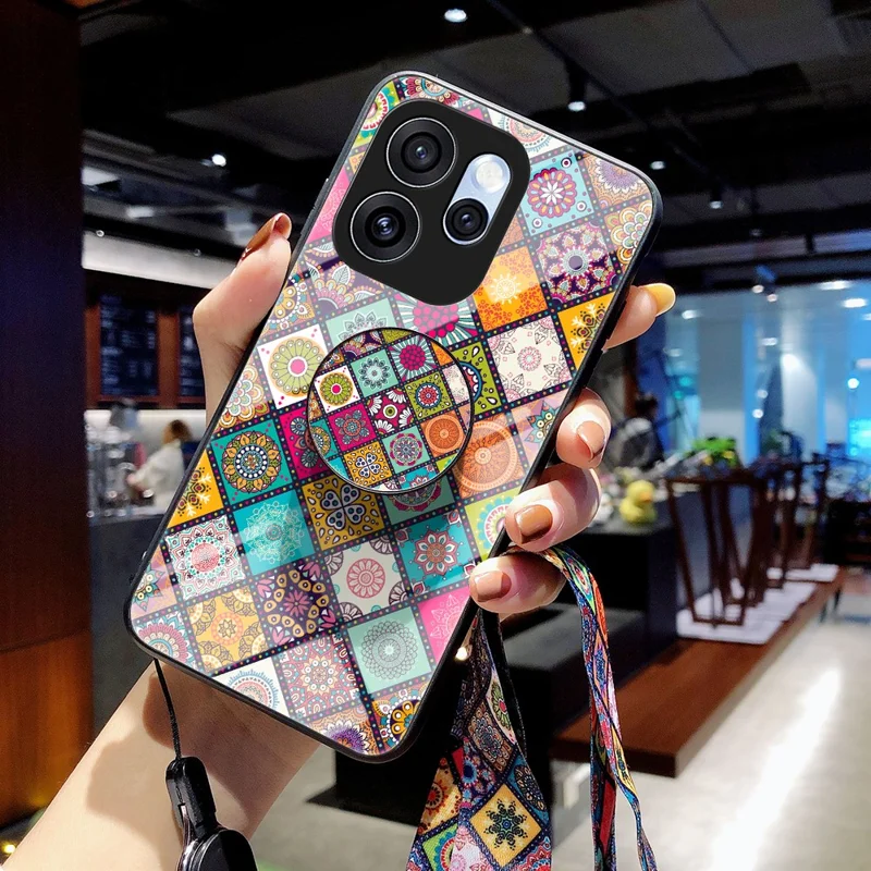 Phone Case For Oppo Reno15 Pro 5G (Global)  /  Reno15 5G (China) Kickstand Ethnic Pattern Tempered Glass Phone Cover with Strap - Checkered Pattern