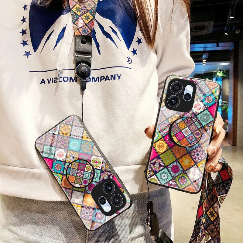 Phone Case For Oppo Reno15 Pro 5G (Global)  /  Reno15 5G (China) Kickstand Ethnic Pattern Tempered Glass Phone Cover with Strap - Checkered Pattern