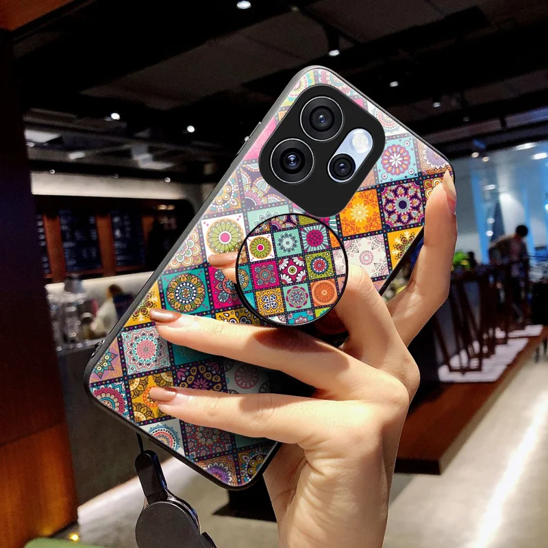 Phone Case For Oppo Reno15 Pro 5G (Global)  /  Reno15 5G (China) Kickstand Ethnic Pattern Tempered Glass Phone Cover with Strap - Checkered Pattern