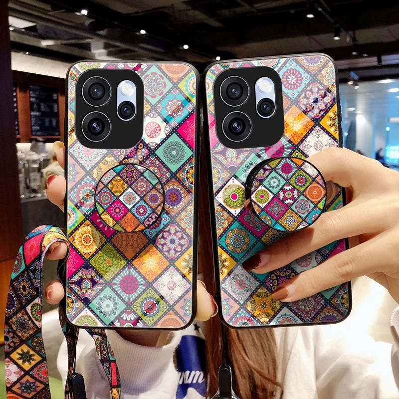 Phone Case For Oppo Reno15 Pro 5G (Global)  /  Reno15 5G (China) Kickstand Ethnic Pattern Tempered Glass Phone Cover with Strap - Checkered Pattern