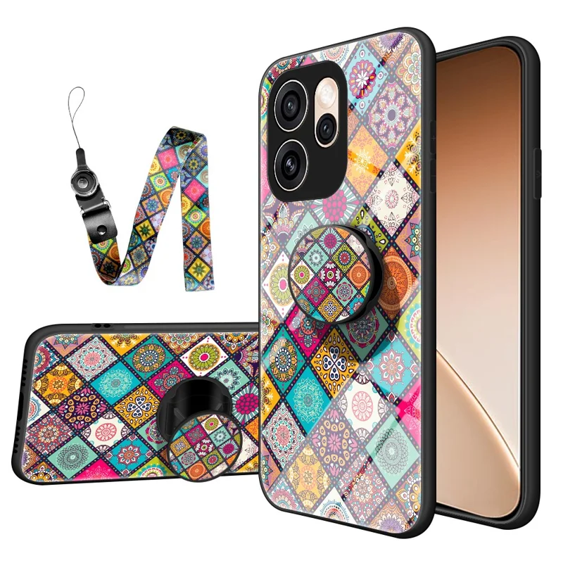 Phone Case For Oppo Reno15 Pro Max 5G (Global)  /  Reno15 Pro 5G (China) Kickstand Ethnic Pattern Tempered Glass Phone Cover with Strap - Checkered Pattern