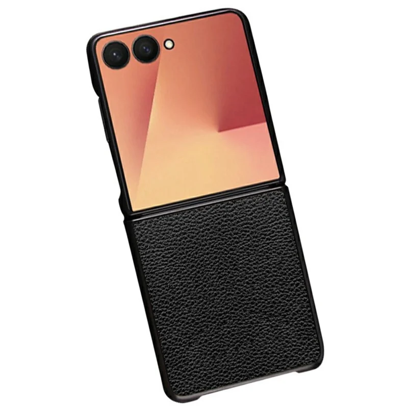 Coque pour Samsung Galaxy Z Flip7 5G, texture cuir PU rétro, dos en PC + TPU protecteur - Noir