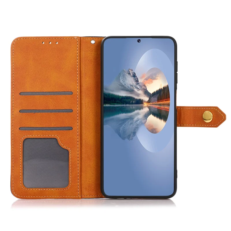 KHAZNEH For Xiaomi Redmi Note 15 Pro 4G (Global) Wallet Case Gold Magnetic Clasp Cowhide Texture Leather Flip Stand Phone Cover - Brown